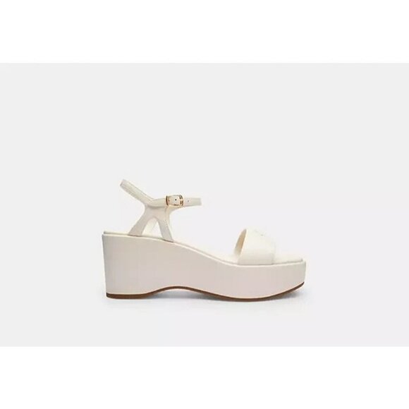 Coach Gale Platform Wedge Sandals Women’s Chalk Leather Logo Ankle Strap - Picture 2 of 4